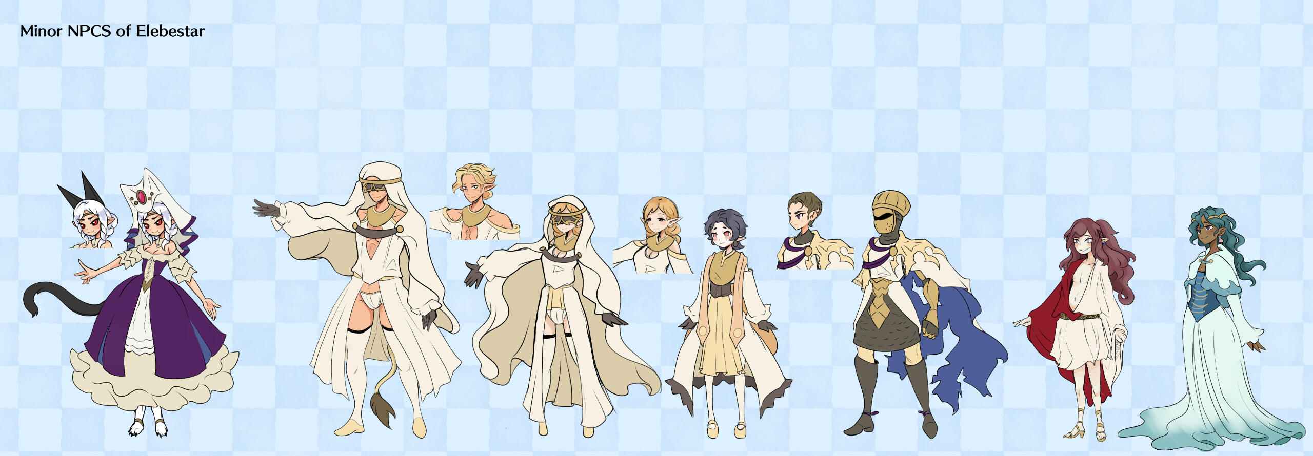 Minor NPCs of Elebestar Character Sheet Characters (left to right) Impurria, Vito, Ceres, Roxanne, Faustina, Sexyasu, Amata by @LucDrawsThings
