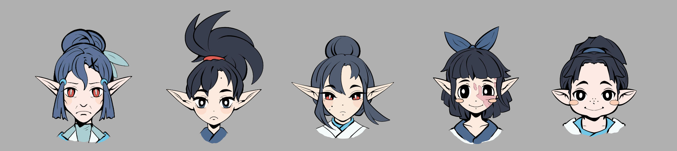 Absidion's Snow Clan Headshots Characters (left to right) Setsuki, Hatsuse, Takekiyo, Kiyomi, Hideyuki by @LucDrawsThings