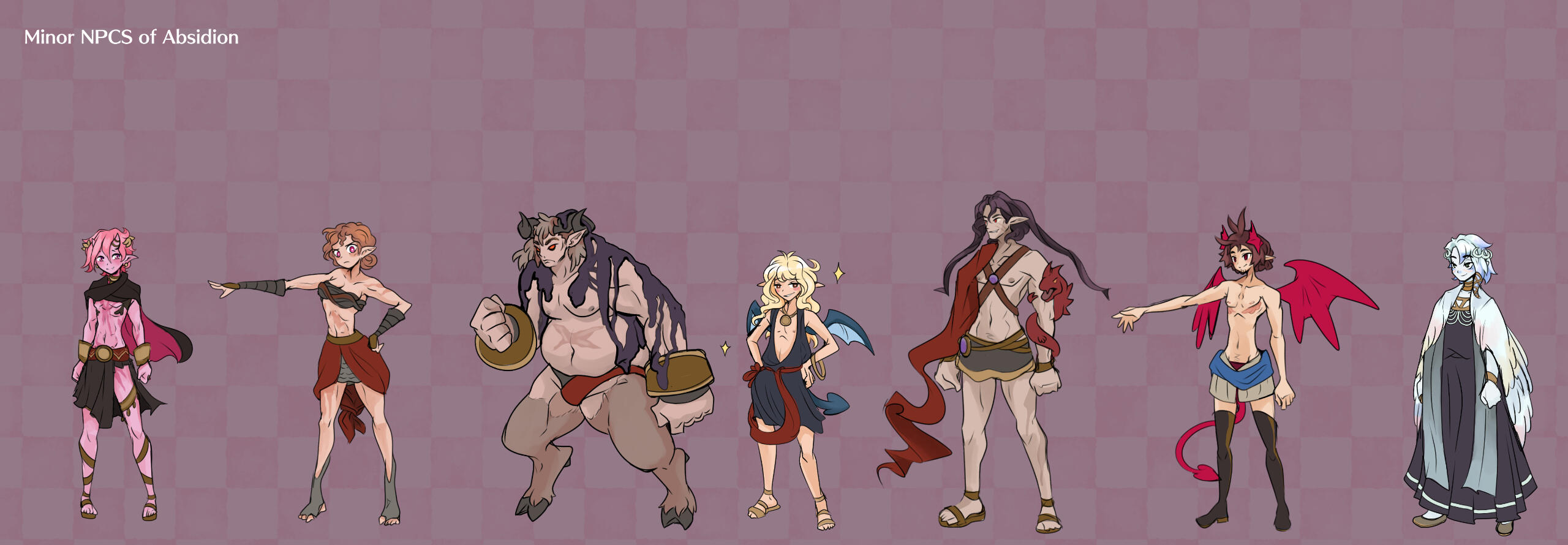 Minor NPCs of Absidion Character Sheet Characters (left to right) Cherubino, Cosmo, Pastore, Antonio, Rosario, Angelo, Nando by @LucDrawsThings